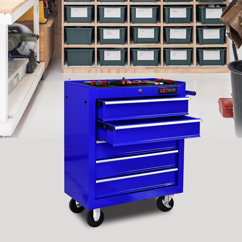 5 Large Drawers Rolling Tool Cart on Wheels, Trolley Organizer Tool Case Chest, Multifunctional Storage Tool Box for Workshop, Garage, Warehouse, Repair Shop (24.2' W×12.9' D×29.9' H-Blue)
