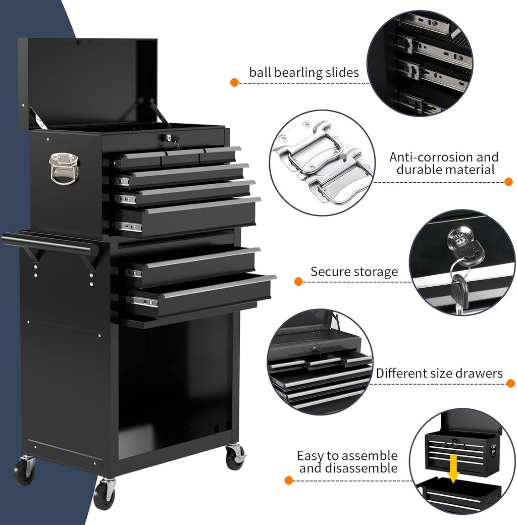 8-Drawer Rolling Tool Box, Lockable Rolling Tool Chest with Wheels and Drawers, 2 in 1 Large Capacity Storage Tool Cabinet for Warehouse, Garage, Tool Room and Repair Shop (Black)