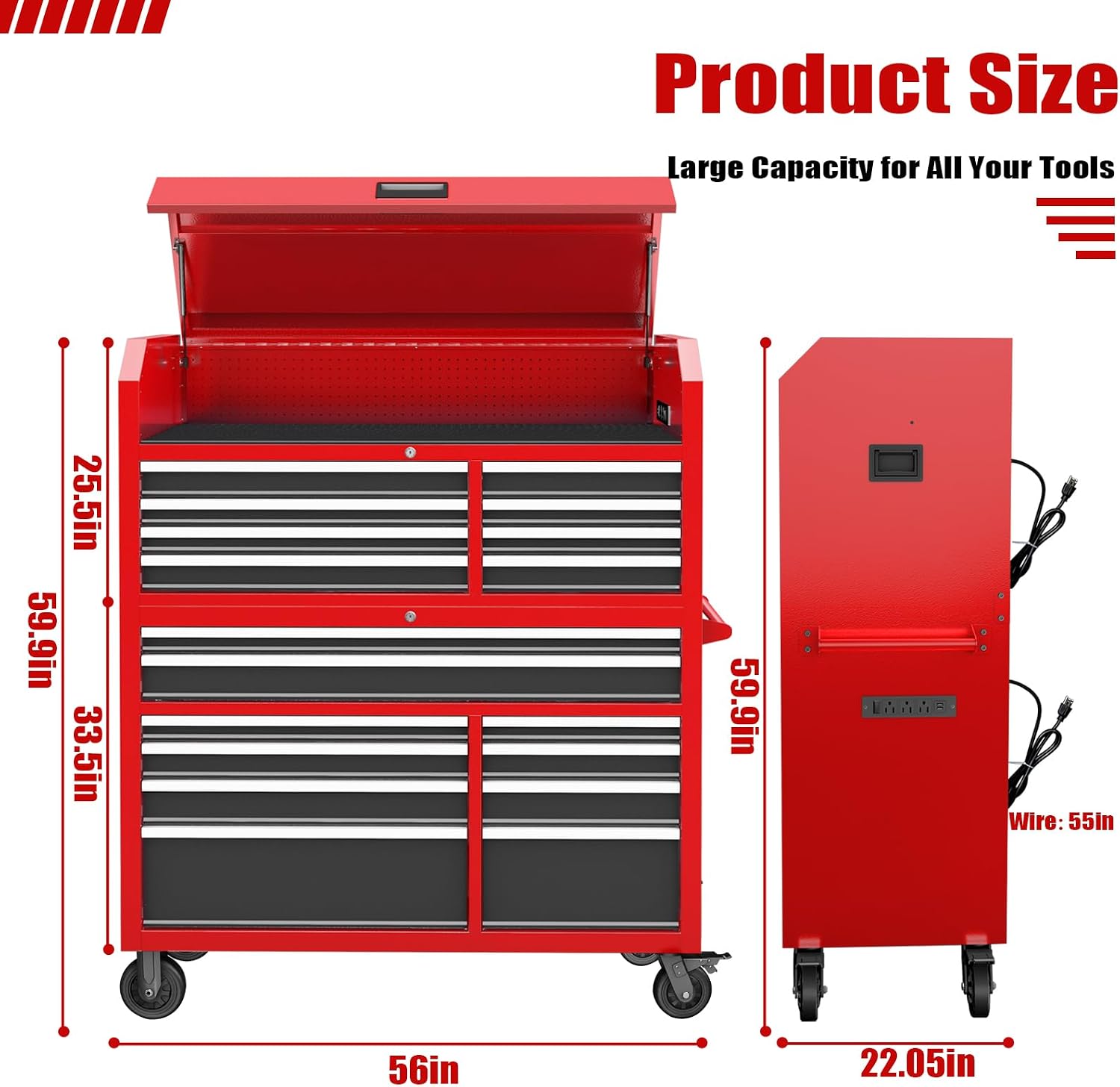 AIRAJ 18-Drawer Heavy-Duty Rolling Tool Chest,56' Garage Workbench Storage Tool Cabinet with Anti-Slip Liners,Two Integrated Power Strip,Locking System,Rolling Tool Box for Garage Storage,Workshop