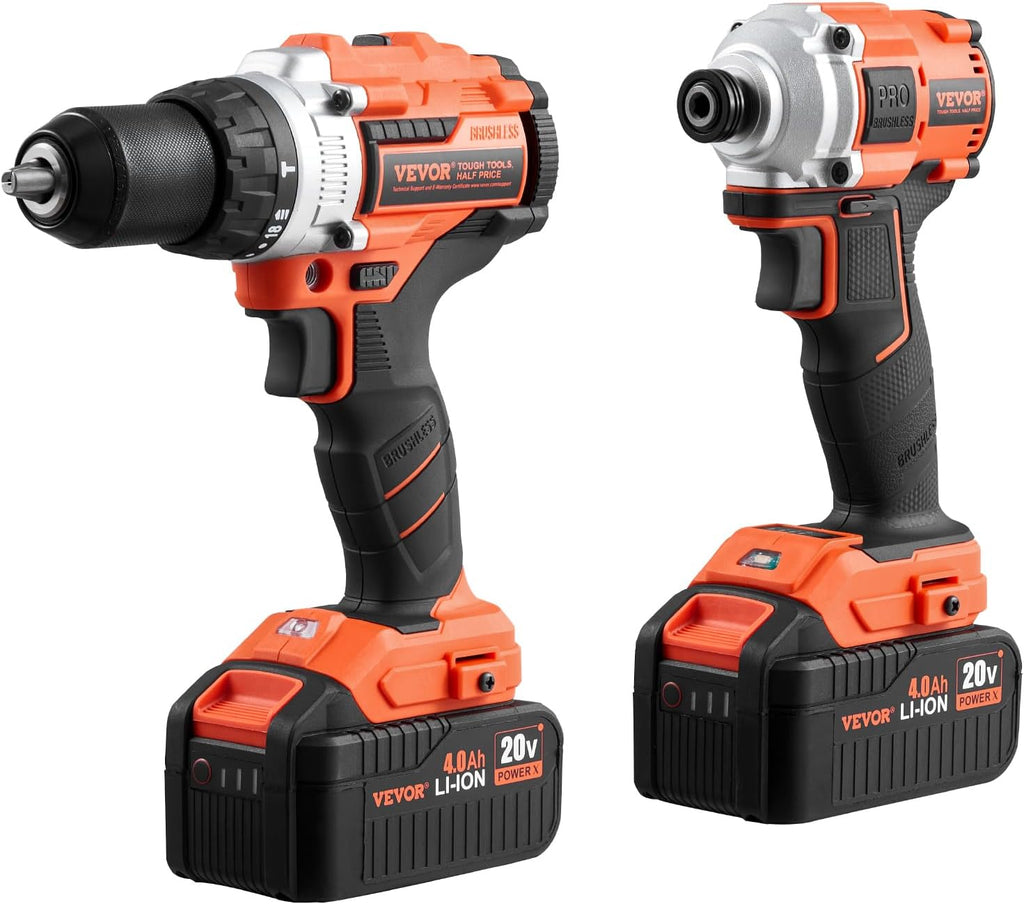 VEVOR Tool Combo Kit, 20V Max Cordless 2-Tool Combo Kit, with 1/2 in Impact Drill, 1/4 in Impact Driver, Compact Cordless Power with 4.0 Ah Batteries, Screws, Charger, and Cloth Bag