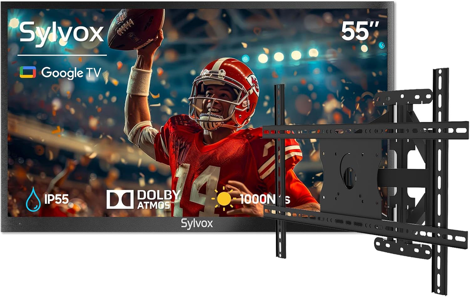 SYLVOX 55' Outdoor TV + Wall Mount Bundle, 4K HDR Waterproof Smart TV (Deck Pro 3.0) with Weatherproof Full-Motion Wall Mount, 1000 Nits, Voice Remote, for Partial Sun Patio