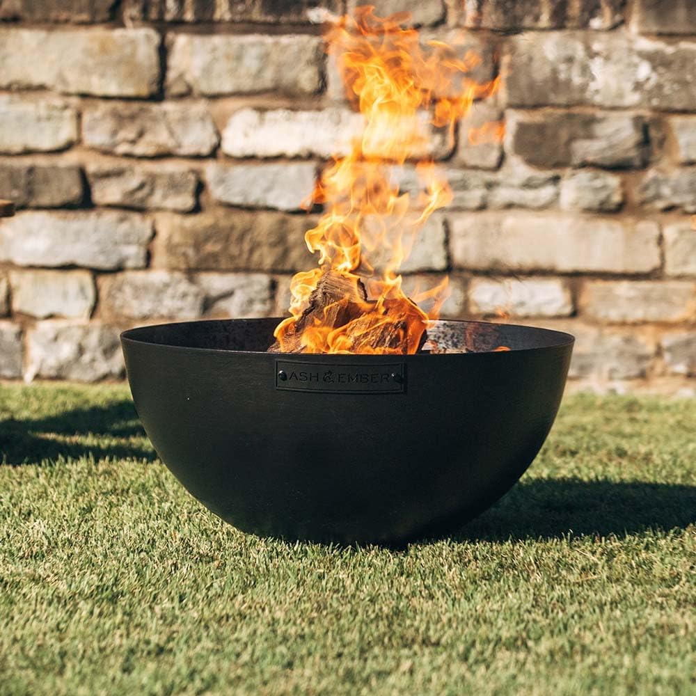 Ash & Ember 29' Hemisphere Fire Pit, Wood Burning Outdoor Fire Bowl, High-Temp Black Paint Over Cast Iron, Half-Sphere Outside Fireplace with Flanged Edge and Stable Base