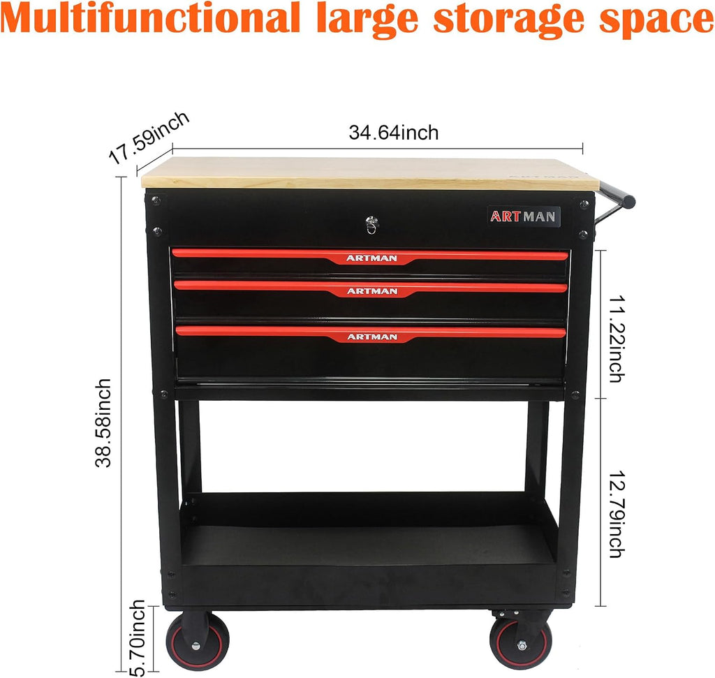 3 Drawers Tool Cart on Wheels,Tool Storage Box with Wooden Top,Drawers Rolling Tool Box Organizer Tool Case for Garage,Warehouse,Workshop,Repair Shop (3 Drawers-38.5'H-Black&Red)