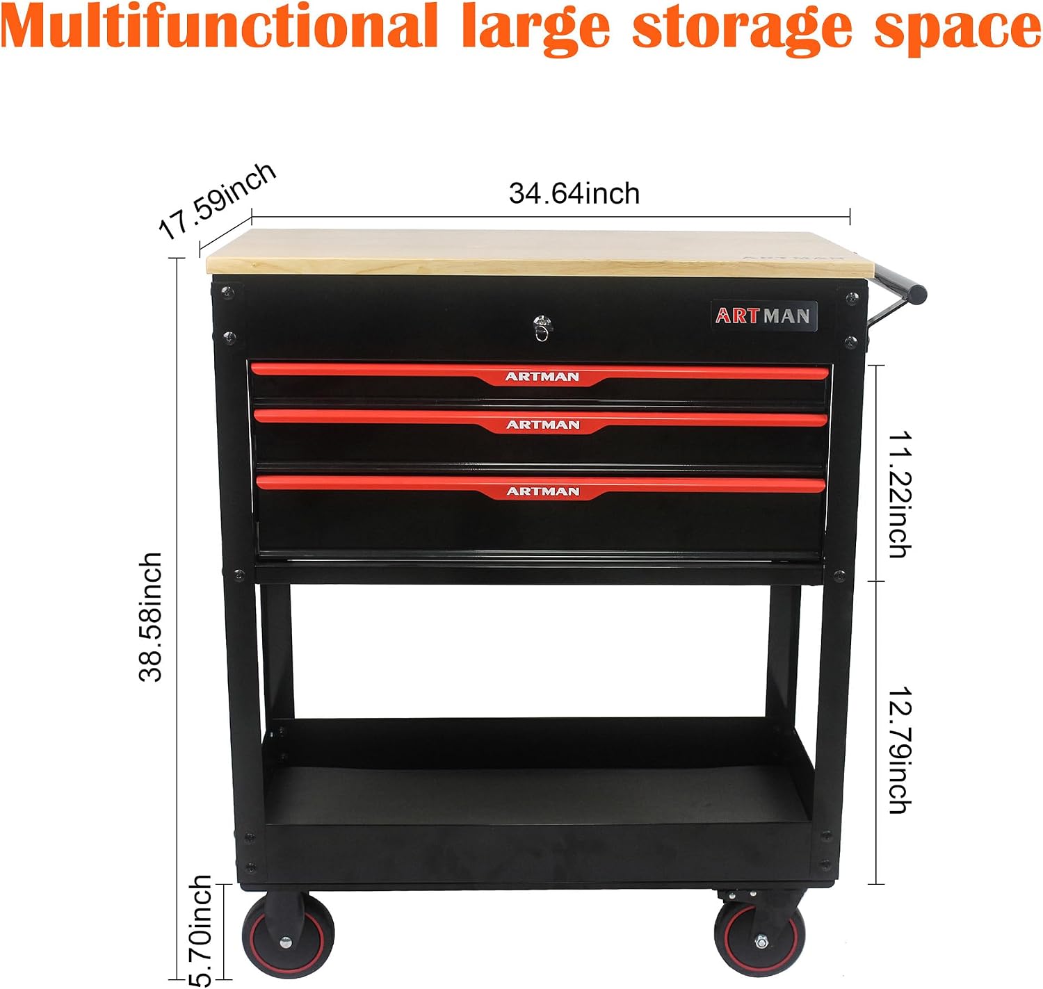 3 Drawers Tool Cart on Wheels,Tool Storage Box with Wooden Top,Drawers Rolling Tool Box Organizer Tool Case for Garage,Warehouse,Workshop,Repair Shop (3 Drawers-38.5'H-Black&Red)
