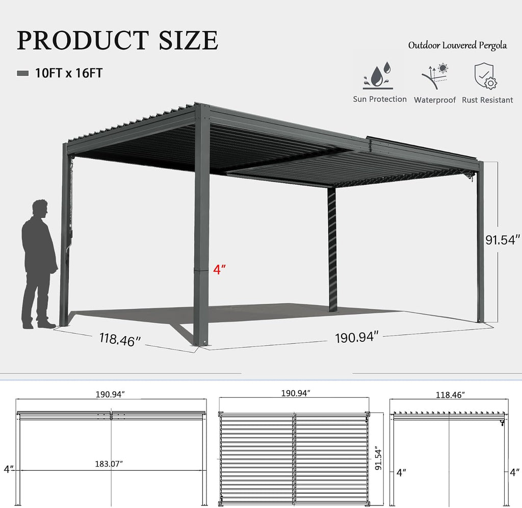 Domi Outdoor Pergola 10x16FT with Adjustable Steel Roof, Louvered Pergola Aluminum Frame for Backyard, Garden and Lawn,Dark Gray