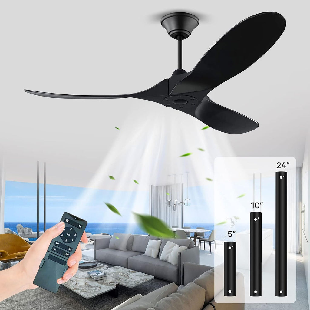 Black Ceiling Fan 52 Inch Outdoor Ceiling Fan for Patios, Modern Wood Ceiling Fan No Light with Remote, 3 Blade Large Airflow Indoor Outdoor Commercial Fan for Exterior House Porch Gazebo