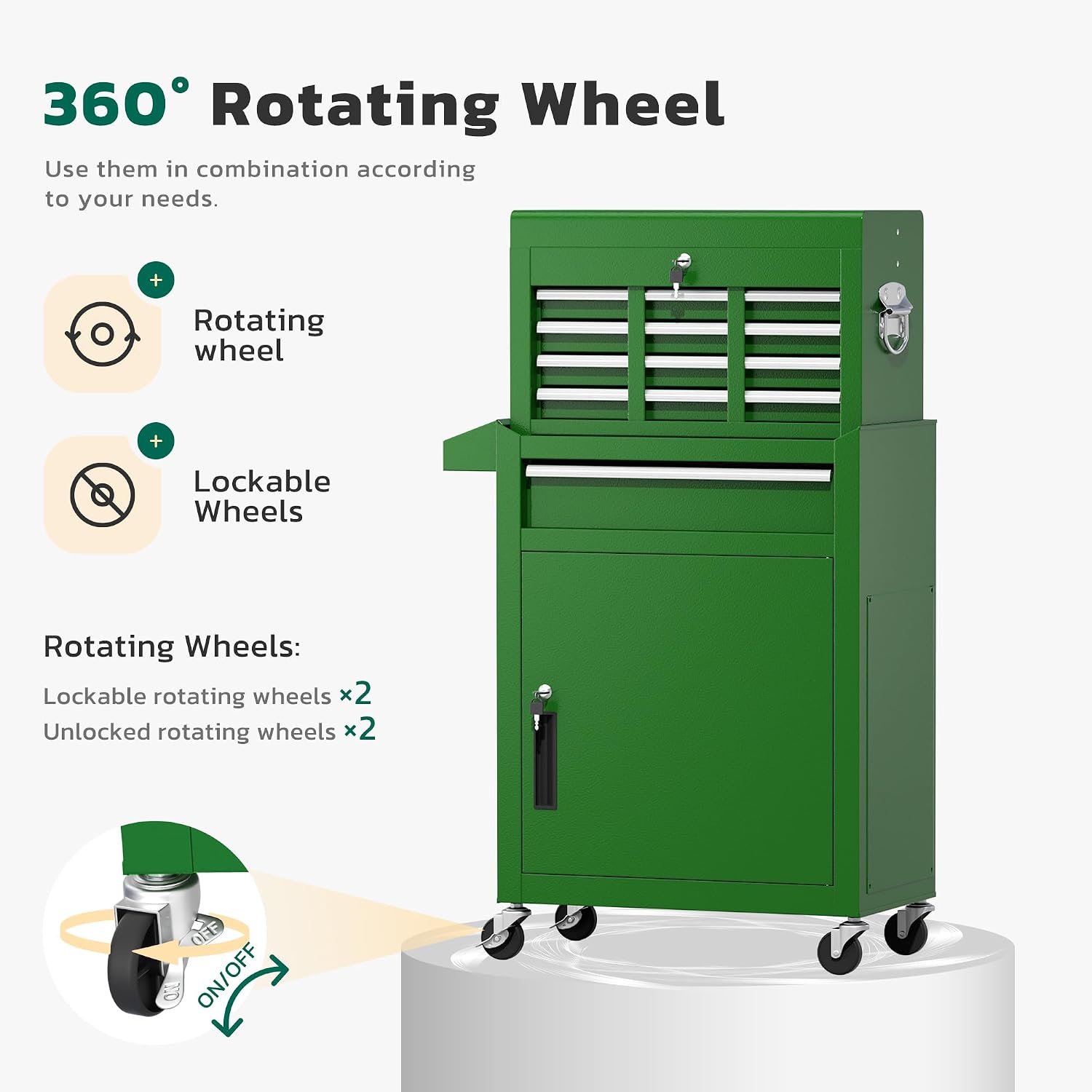Greenvelly Tool Chest, 5-Drawer Rolling Tool Chest with Hooks and Lockable Wheels, Detachable Top Tool Box, Toolbox with Wheels, Rolling Tool Box for Mechanics Garage Workshop and Tool Room (Green)