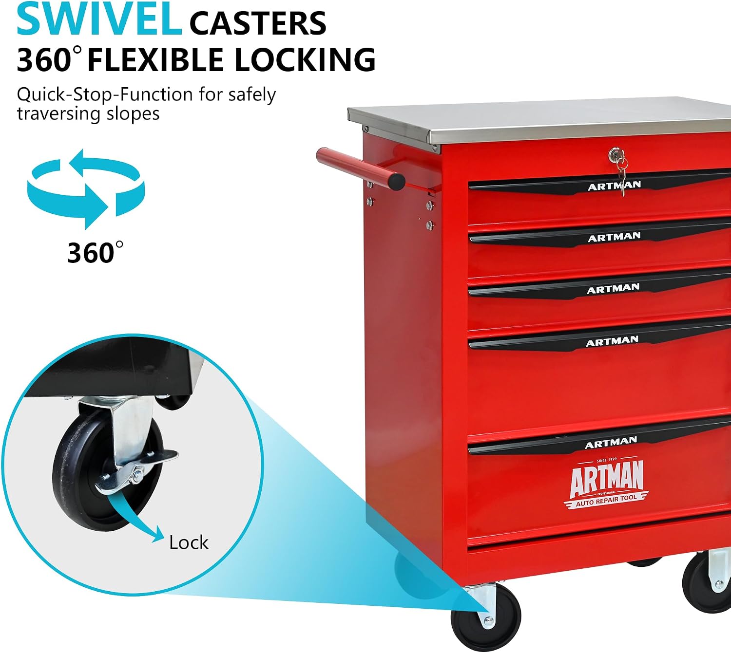 5 Drawers Rolling Tool Box on Wheels, Stainless Steel Countertop Tool Chest Cabinet with Lock, Drawers Rolling Tool Cart Trolley Organizer Tool Case for Garage,Warehouse (Red)