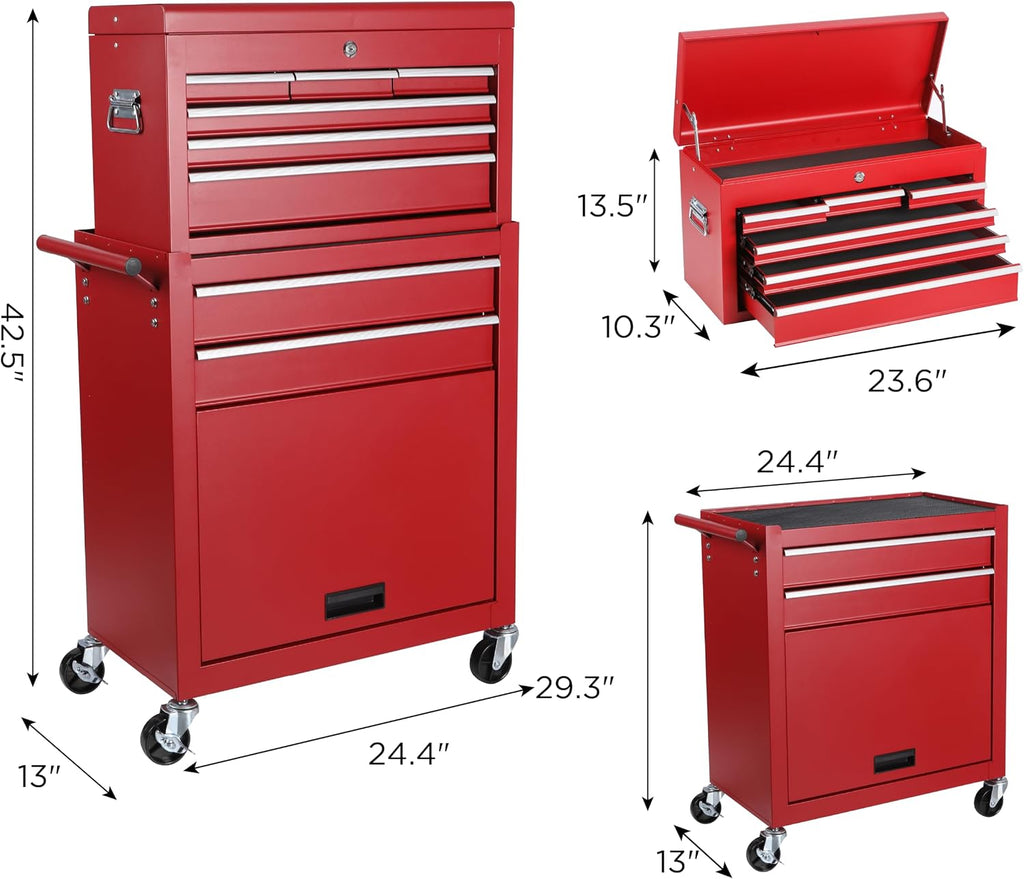 Tool Chest, 8-Drawer Rolling Tool Storage Cabinet with 2 in 1 Detachable Top Tool Box, Liner, Lockable Wheels, Side Hooks, Locking Mechanism, Metal Tool Cart for Garage
