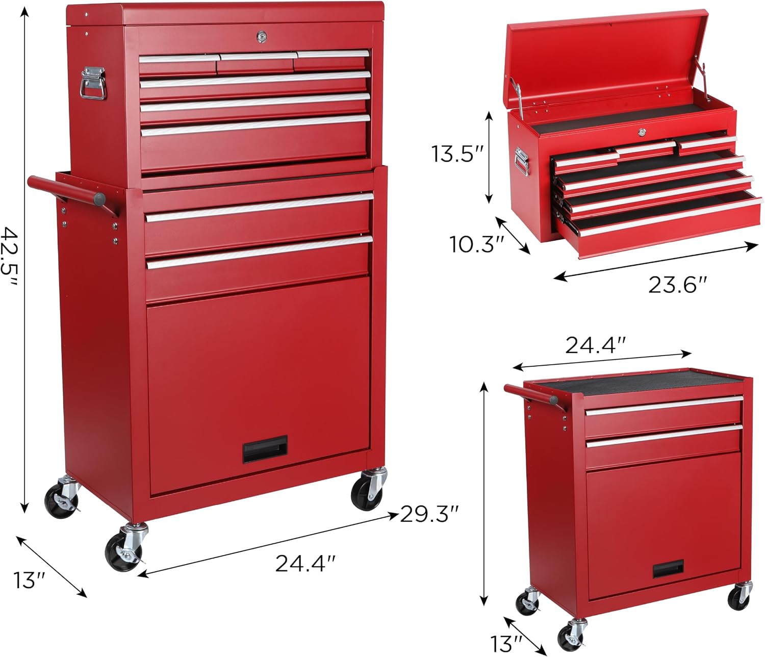Tool Chest, 8-Drawer Rolling Tool Storage Cabinet with 2 in 1 Detachable Top Tool Box, Liner, Lockable Wheels, Side Hooks, Locking Mechanism, Metal Tool Cart for Garage