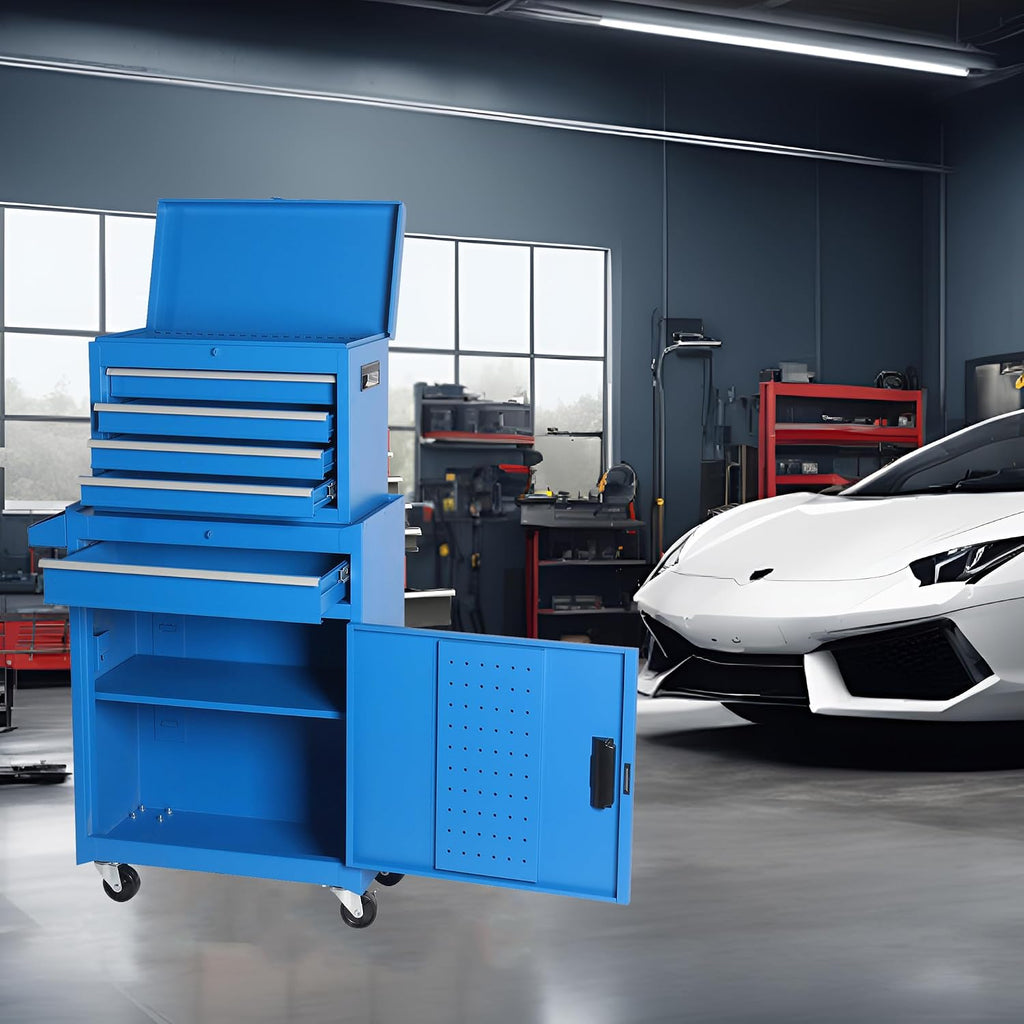 5 Drawers Tool Cart on Wheels with 1 Cabinet, Multifunctional Removable Rolling Tool Chest Storage Set, Tool Trolley Organizer Tool Box for Garage,Warehouse,Workshop,Repair Shop (Blue)
