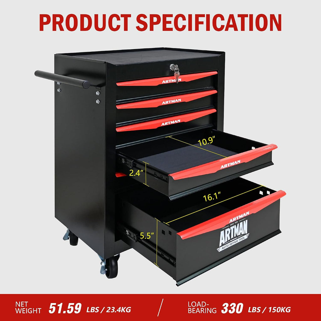 6 Drawers Rolling Tool Box on Wheels, Multifunctional Tool Chest Cabinet with Lock, Drawers Rolling Tool Cart Trolley Organizer Tool Storage Case for Warehouse,Garage,Workshop (Black&Red)