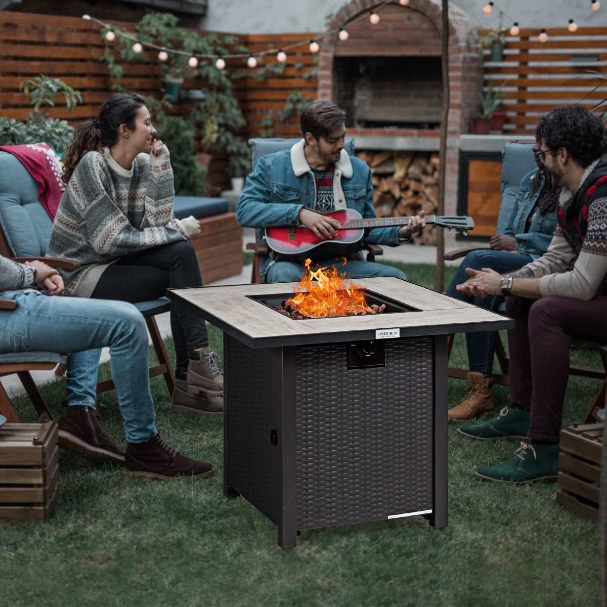 COSTWAY 30' Propane Gas Fire Table, Patio Square Fire Pit Table w/Stainless Steel Burner, 50,000 BTU Heat Output, Elegant Tile Tabletop, PVC Cover Perfect for Poolside, Backyard