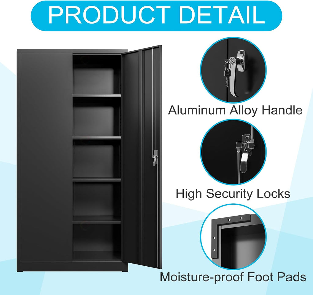 Black Iron Metal Lockable Storage Cabinet - Durable Home Office Garage Organizer for TV & Slim Storage - Secure Sideboard Locking Filing Pantry Tall Bathroom Floor Storage Cabinet with Lock