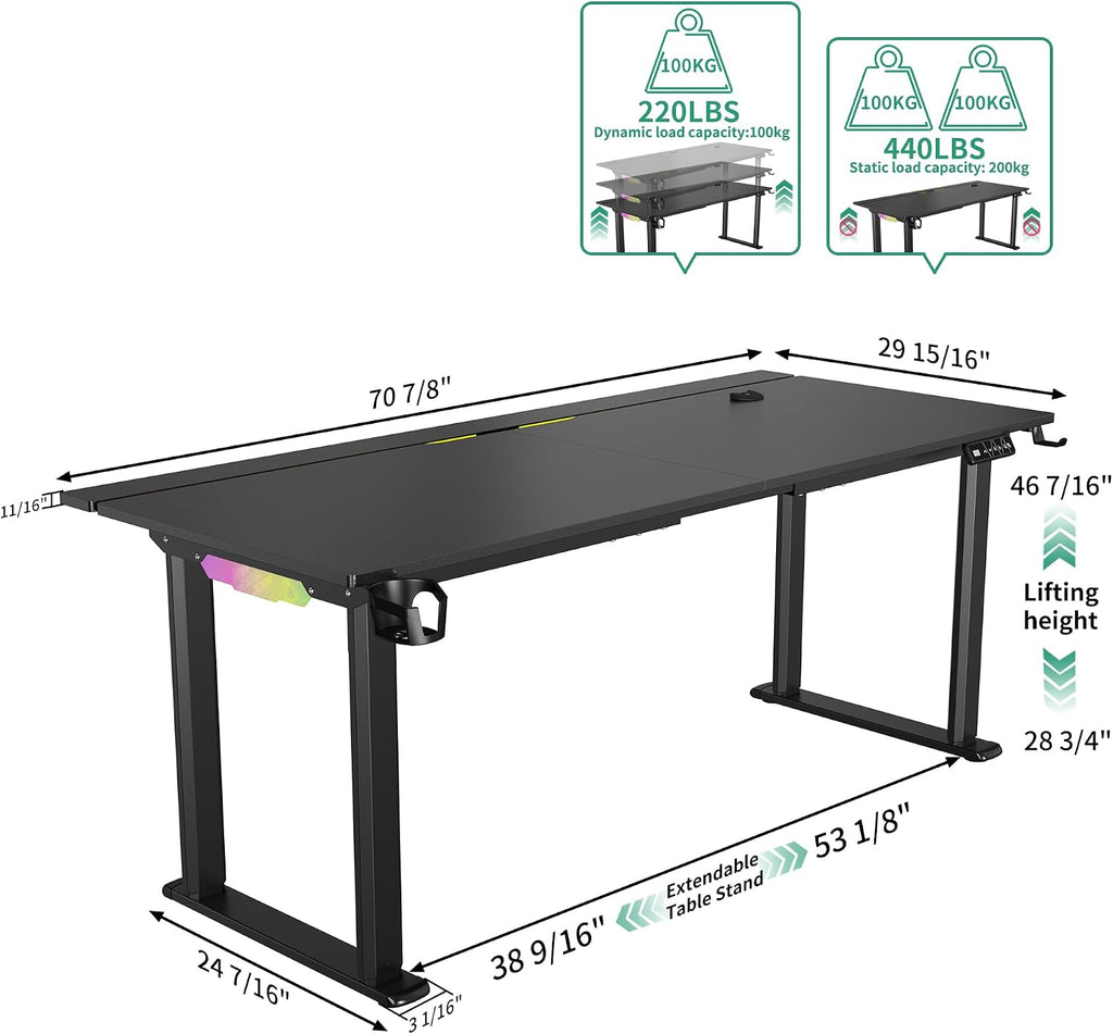 JWX Dual Motor 4 Leg Standing Gaming Desk with LED Lights,71'' Height Adjustable Sit Stand Computer Table, Flip-Up Cable Management Panel, Memory Presets Ergonomic Workstation for Gaming Room Setup