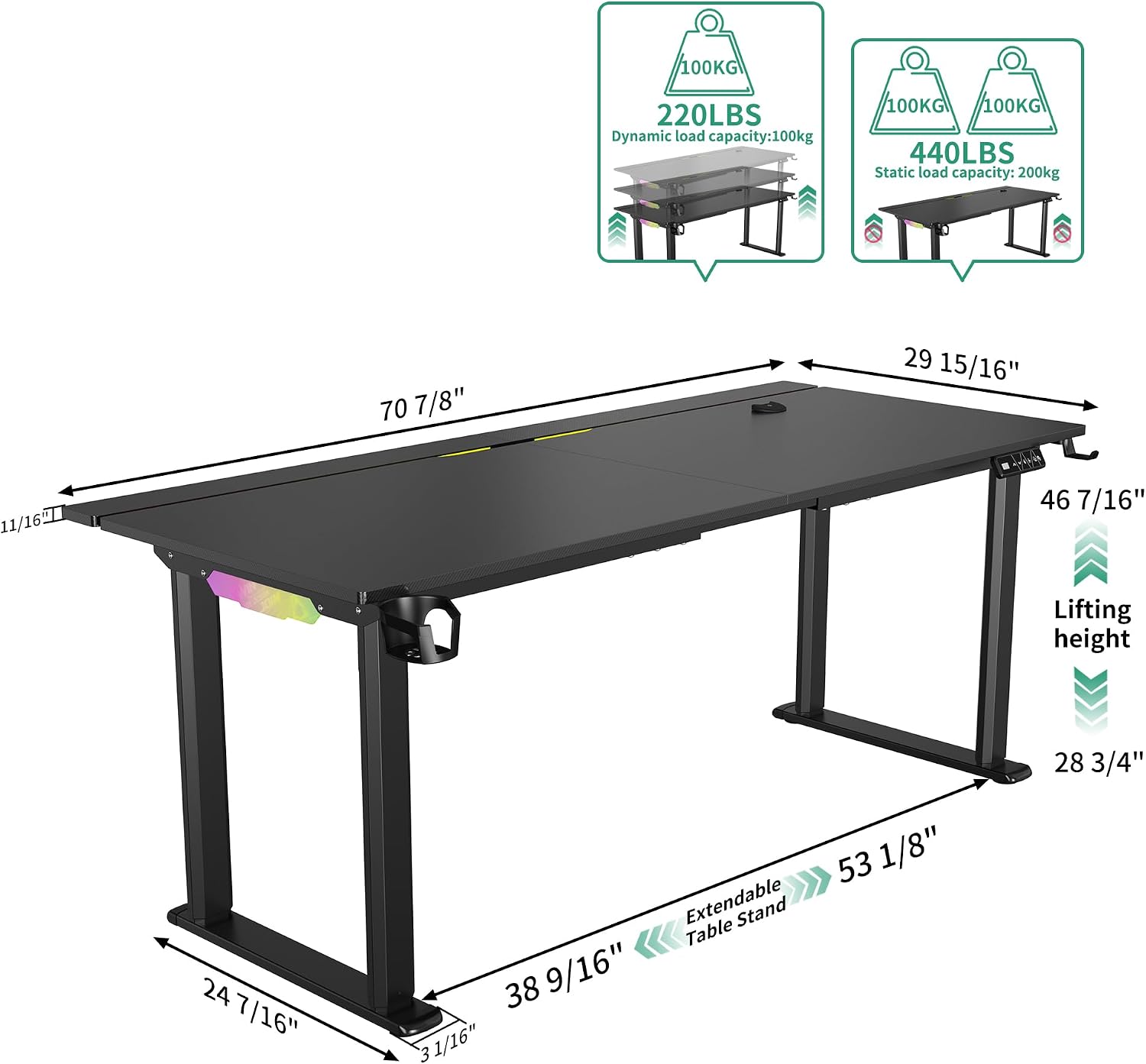 JWX Dual Motor 4 Leg Standing Gaming Desk with LED Lights,71'' Height Adjustable Sit Stand Computer Table, Flip-Up Cable Management Panel, Memory Presets Ergonomic Workstation for Gaming Room Setup