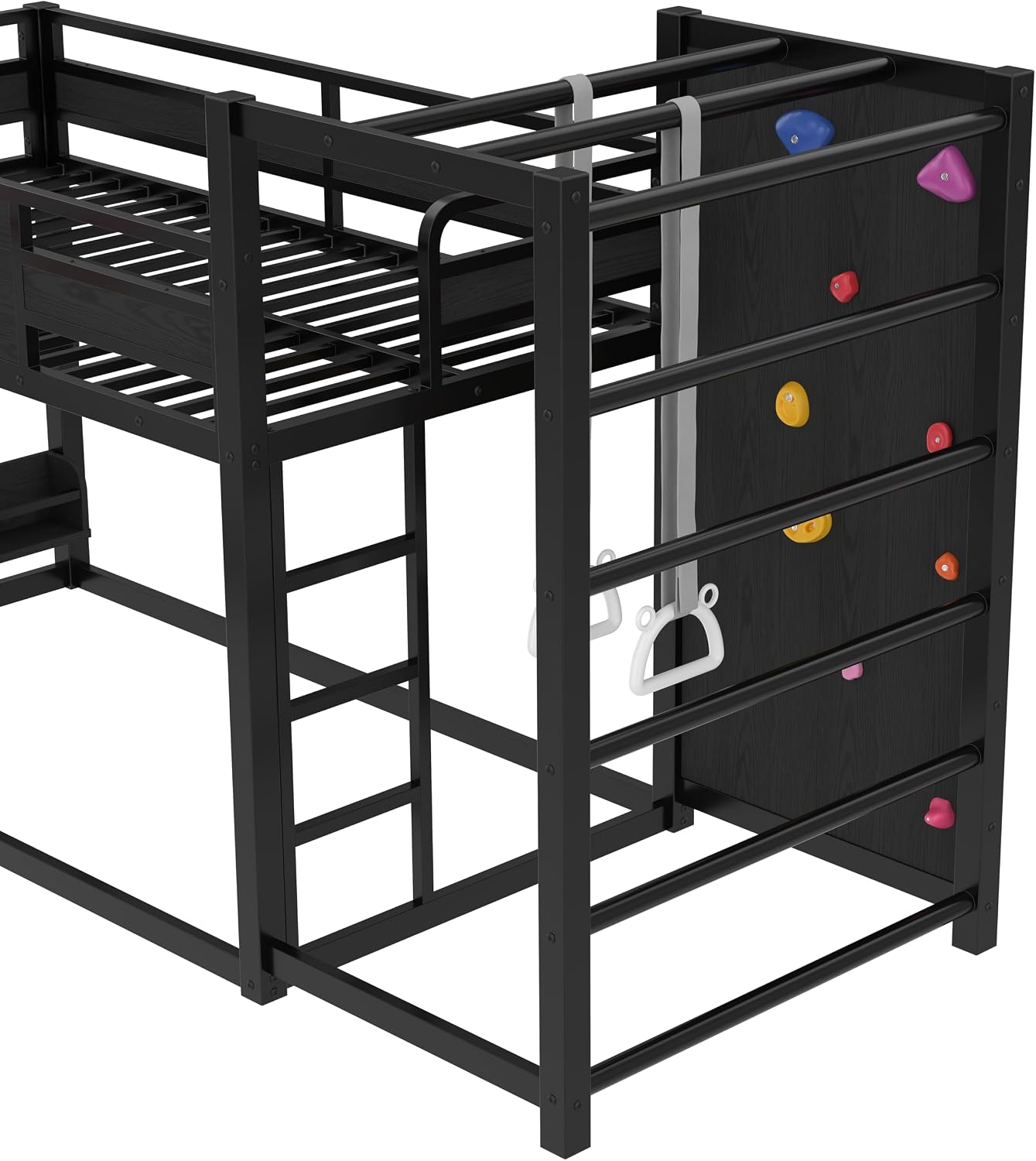 SOFTSEA Twin Size Metal Loft Bed with Slide, Heavy Duty Bunk Bed with Basketball Hoop, Climbing Wall & Pull Up Rings for Kids Teens Adults, Basketball Slide Bed, No Noise, Black