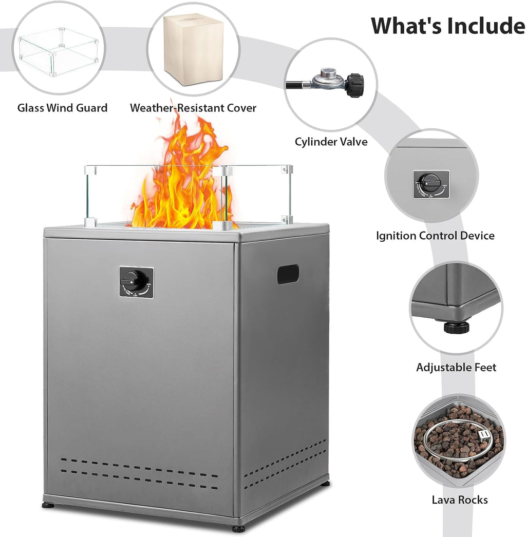 20' Square Smokeless Propane Fire Pit Table, 50,000 BTU Portable Outdoor Patio Heater with Lava Rocks, Glass Wind Guard & Cover for Deck, Backyard, Garden, Camping (Grey)