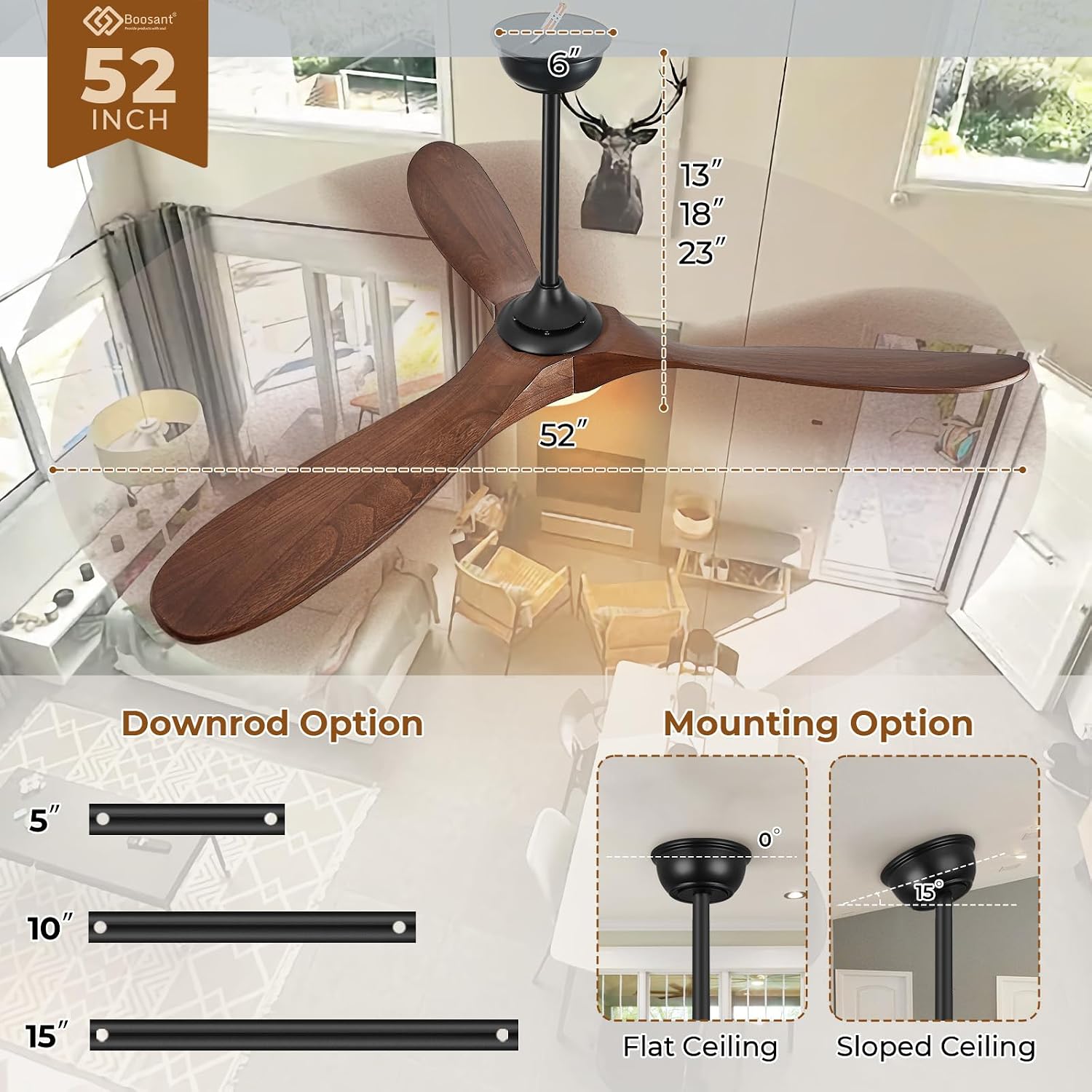 52' Ceiling Fans with Lights and Remote Control, Outdoor Ceiling Fan with Lights High CFM Quiet 3 Blade Wood Walnut Fan, Propeller Ceiling Fan for Outdoor/Indoor,Deep Walnut