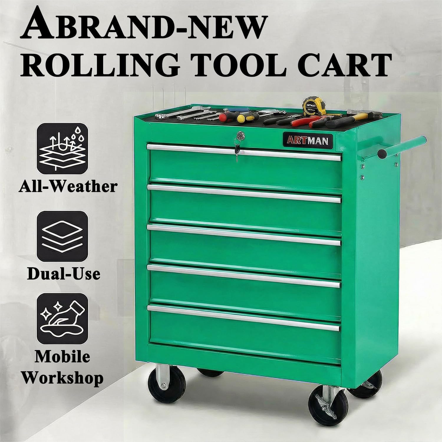 5 Drawers Tool Cart on Wheels,Rolling Tool Chest Tool Storage,Drawers Rolling Tool Trolley Organizer Tool Case for Garage, Warehouse, Workshop, Repair Shop (5 Drawers-Green)