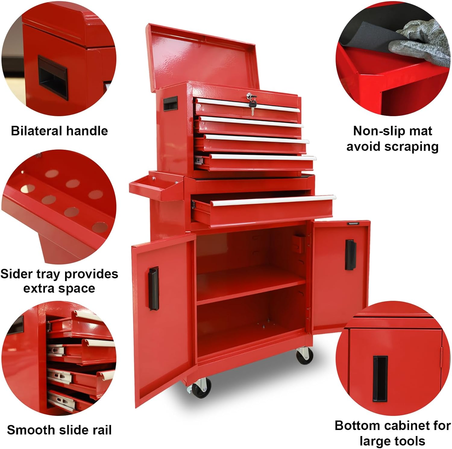 Torin 5-Drawer Rolling Tool Chest: Metal Tool Box with Wheels, Removable Top Tool Box, Liner, Adjustable Shelf and Locking Mechanism for Garage Workshop,Red
