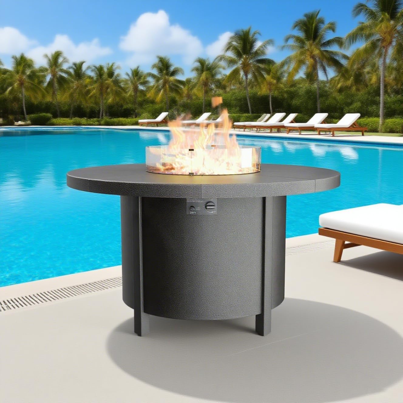 48' Round Propane Fire Pit Table with Lid, 40,000 BTU Outdoor Gas Fire Pits CSA Certified for Outside Steel Tabletop Fire Pit with Blue Glass Rock&Windshield Glass for for Patio, Balcony,Garden
