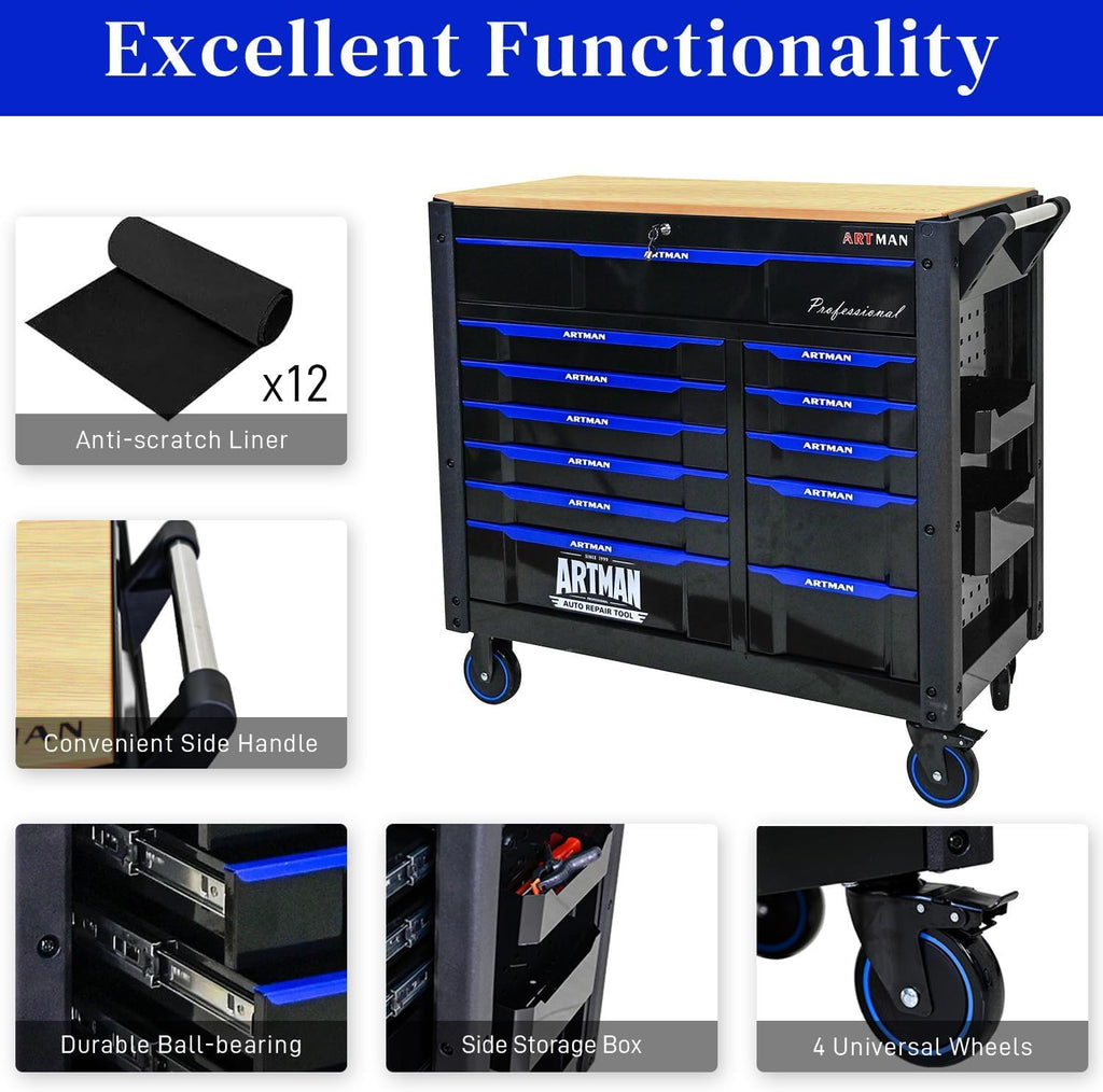 Heavy Duty Rolling Tool Chest with 12-Drawer Tool Cart Mechanic Tool Box with Wheels Tool Storage Cabinet Mobile Workbench Tool Bench for Garage, Workshop, Warehouse, Repair Shop, Wood Top