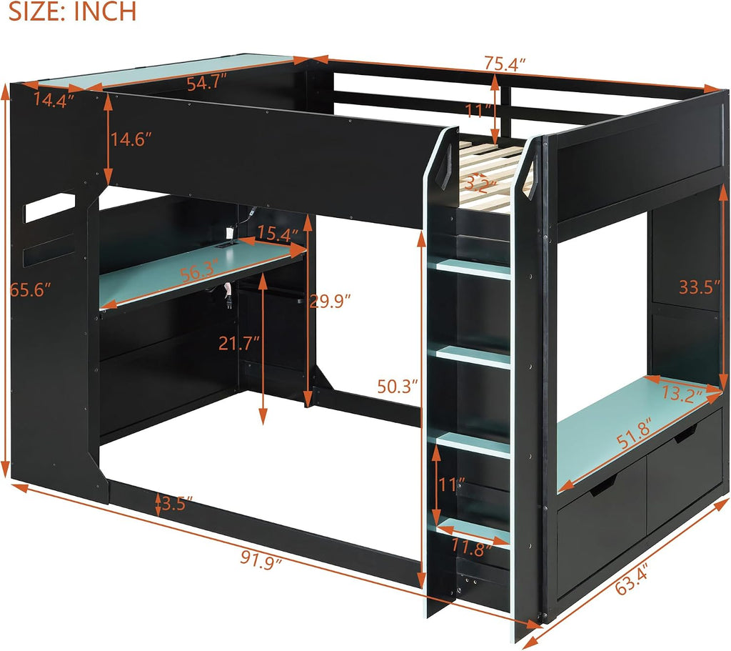 SOFTSEA Full Size Gaming Loft Bed with Desk, Storage Headboard, Drawers, Hanging Rod, USB Ports & LED Lights for Bedroom, No Box Spring Needed, Blue
