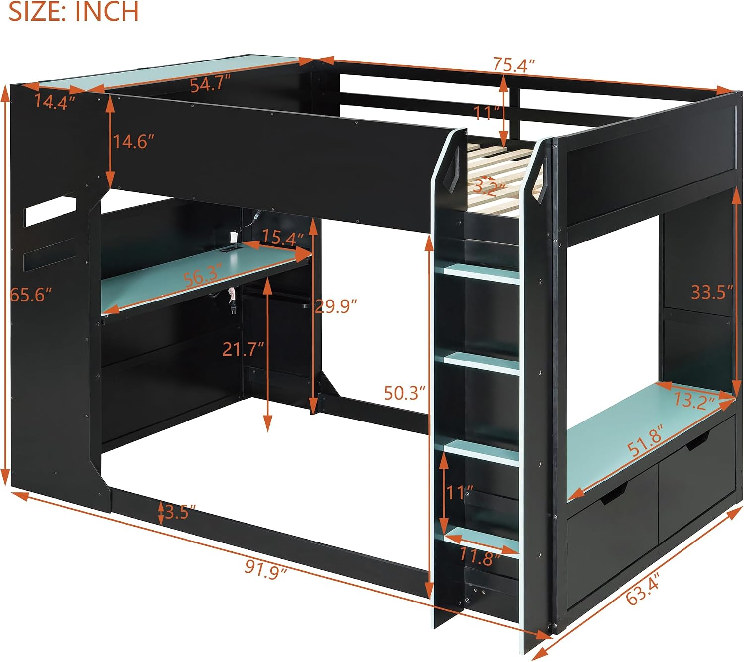 SOFTSEA Full Size Gaming Loft Bed with Desk, Storage Headboard, Drawers, Hanging Rod, USB Ports & LED Lights for Bedroom, No Box Spring Needed, Blue