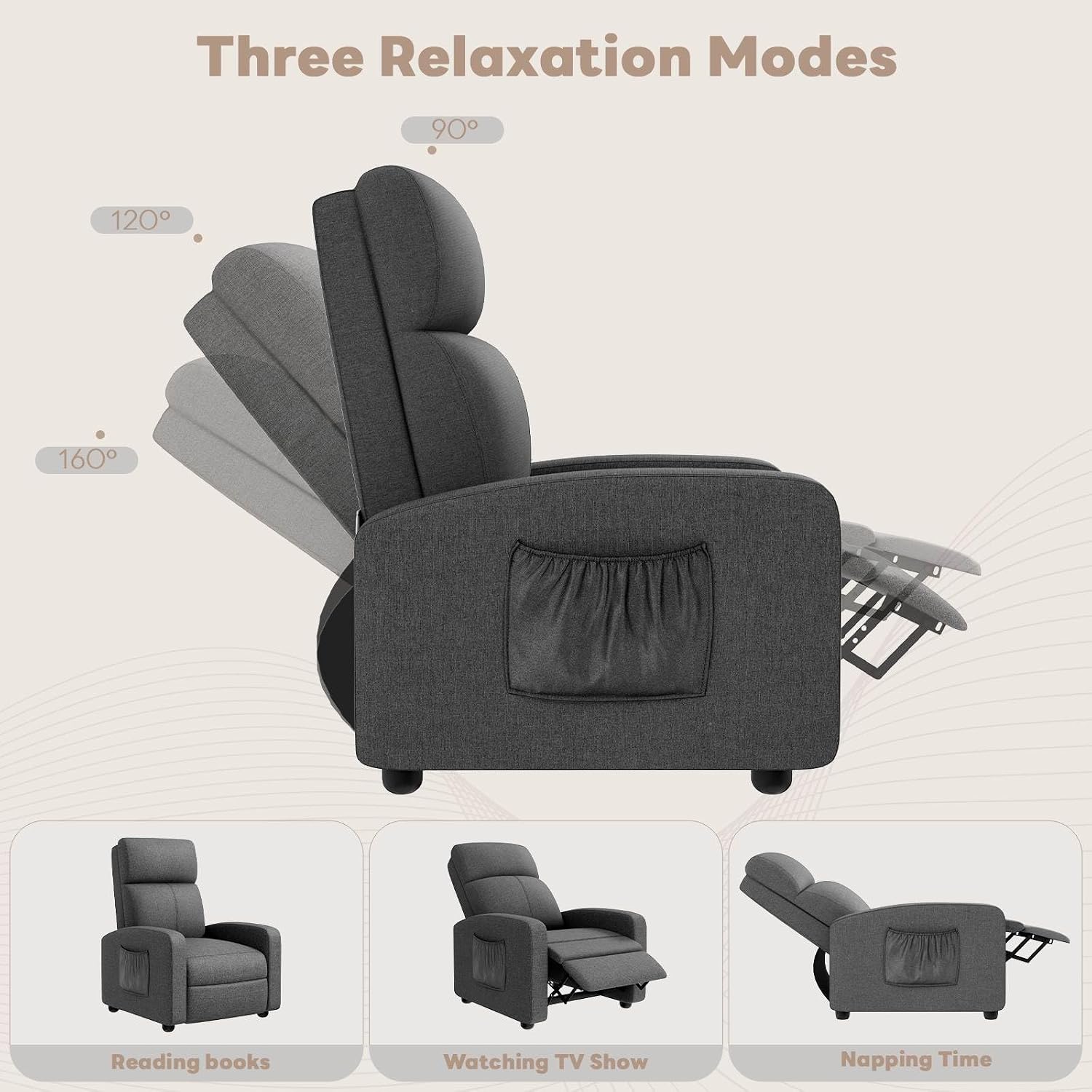 ComfyCorner Recliner Chair for Adults, Reclining Sofa with Side Pocket, Linen Fabric Recliner Sofa with Adjustable Backrest and Footrest, Modern Home Theater Seating for Living Room, Bedroom