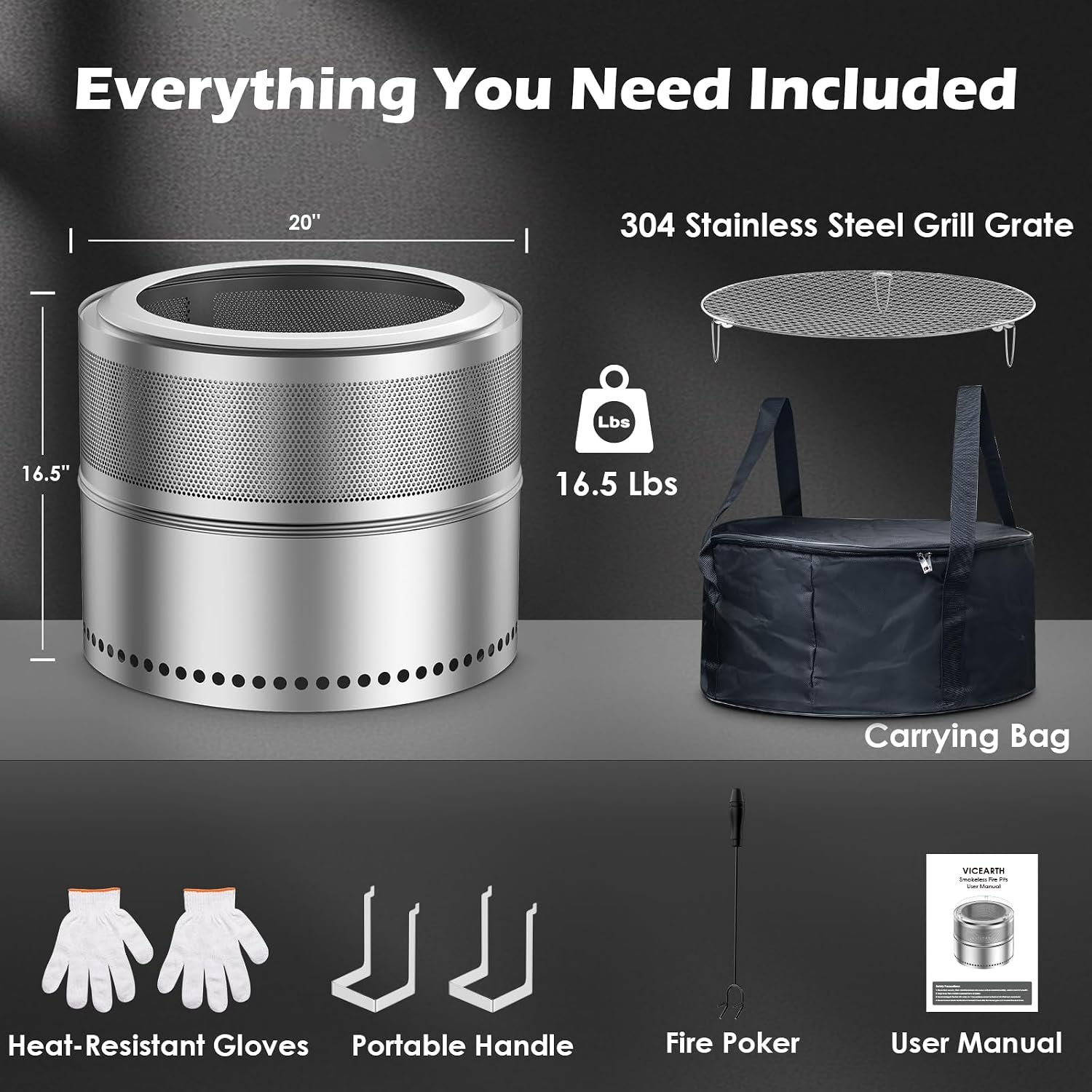 Smokeless Fire Pit Outdoor, 20 Inch Portable Stainless Steel Smokeless Firepit with Grill Grate, Ash Pan & Carry Bag, Low Smoke Wood Burning Fire Pits for Camping, RV, Patio, Compact Storage