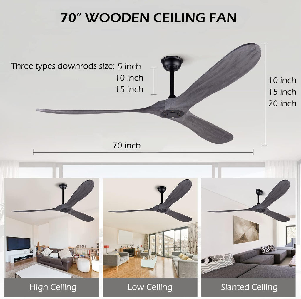 72 Inch Ceiling Fan No Light ，Wood Outdoor Ceiling Fans for Patios Living Room Gazebo Mid Century Modern Exterior Extra Large Ceiling Fan without Light with Downrod(Grey)