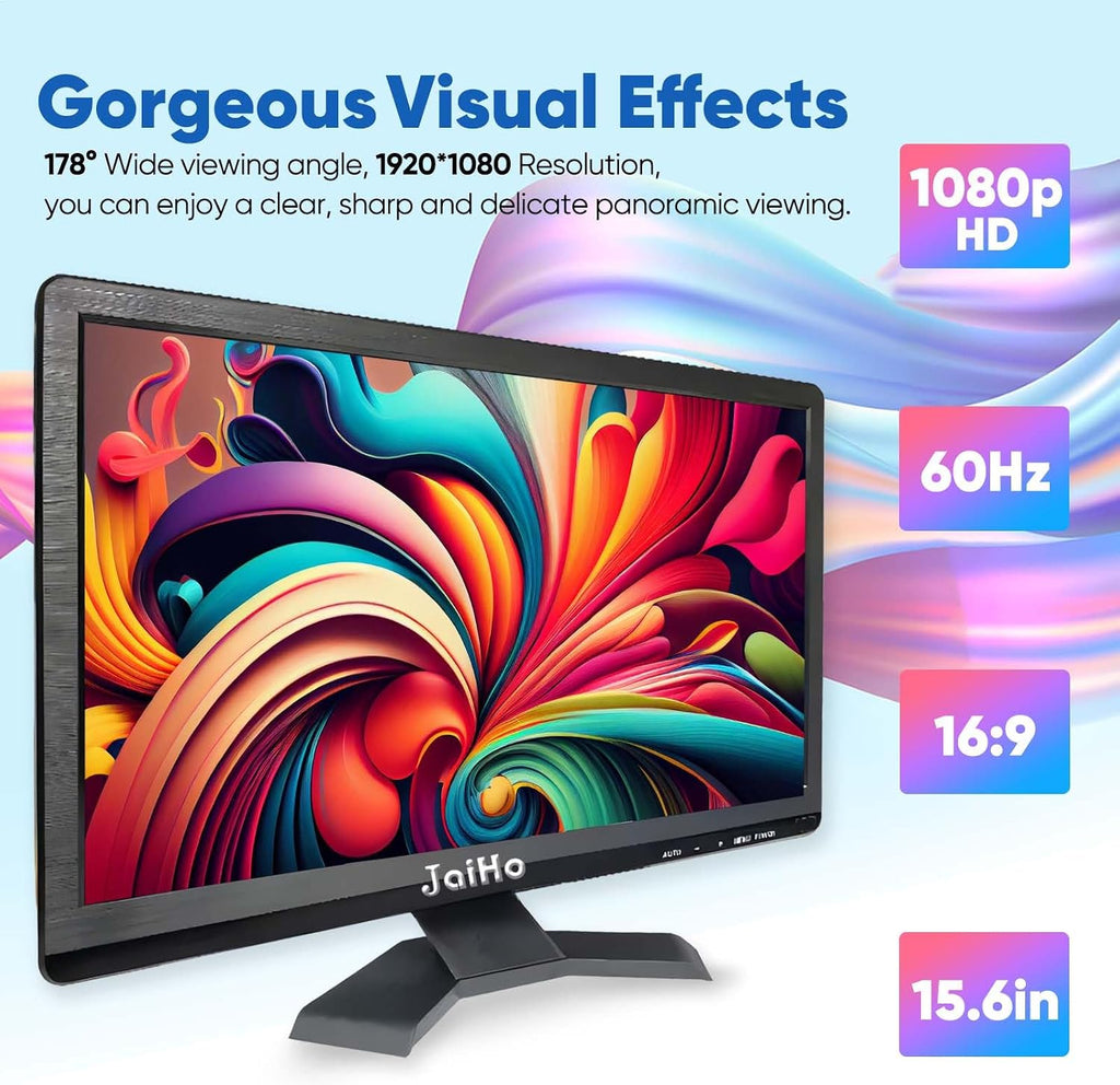 JaiHo 15.6-Inch Professional Security Monitor, 1920x1080P CCTV Screen with Metal Housing, BNC HDMI VGA AV USB, Industrial Display for DVR NVR System, 24/7 Reliable Security Surveillance