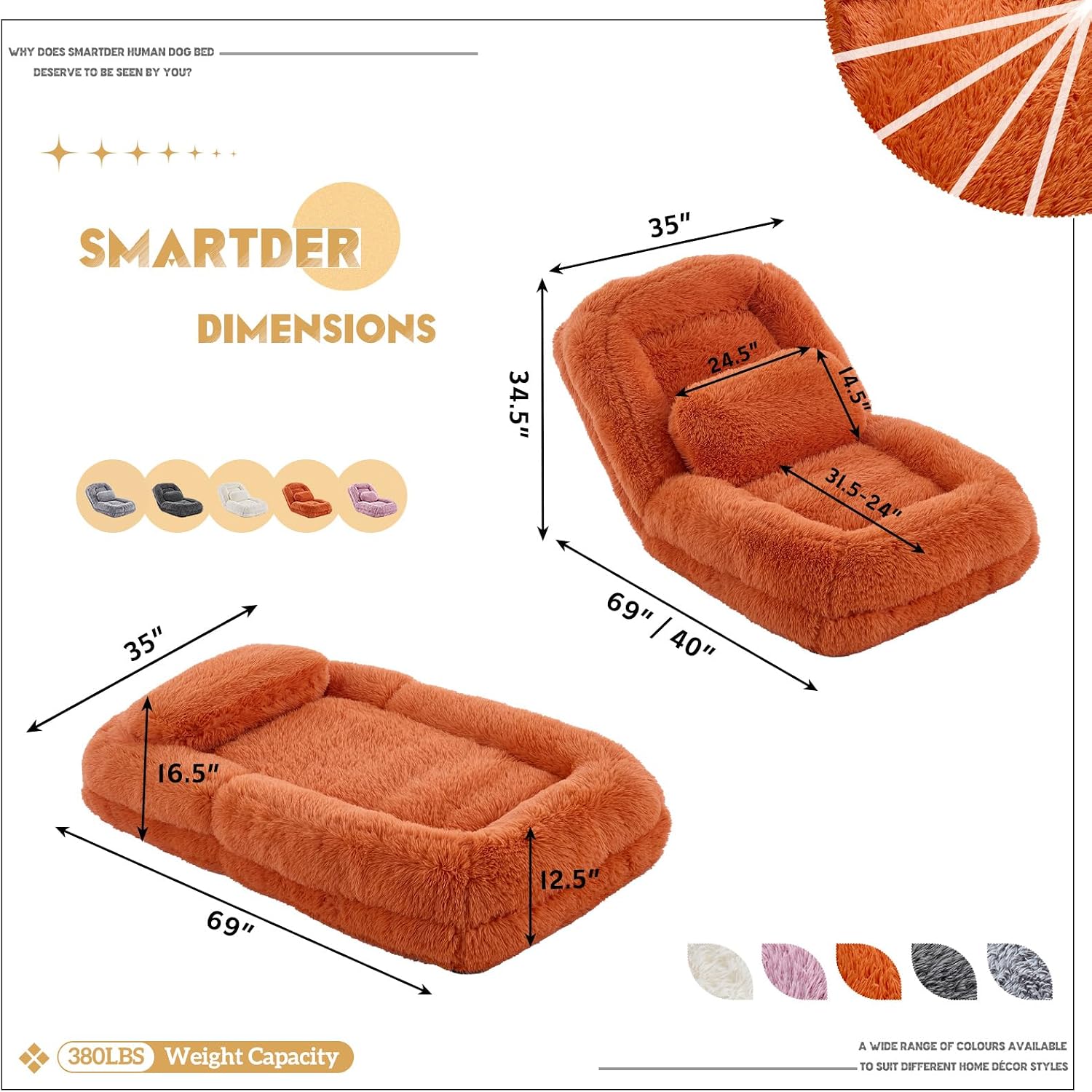 Adjustable Plush Human Dog Bed Lounger for Adult, 5-Position Foldable Lazy Lounge Sofa, Large Size Bean Bag Chair with Pillow, Folding Floor Chair for Living Room, Bedroom, Gaming Room, Orange