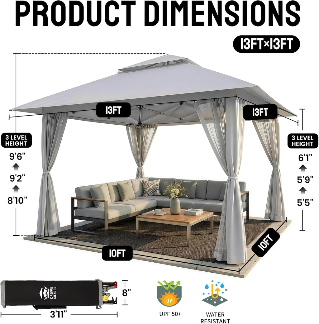 CROWN SHADES 13x13 Pop Up Gazebo, Canopy Tent, Gazebos on Clearance - Outdoor Gazebo for Backyard & Patio Furniture - Carpa Pop Up Tent with Wheeled STO-N-Go Cover Bag (Grey)