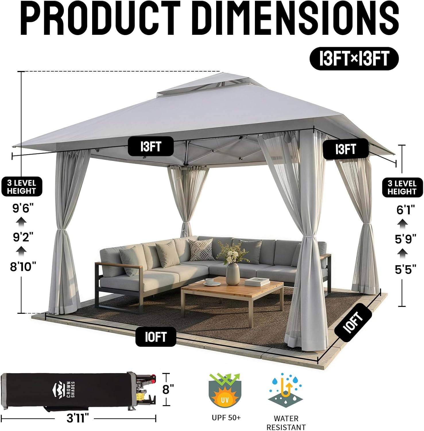 CROWN SHADES 13x13 Pop Up Gazebo, Canopy Tent, Gazebos on Clearance - Outdoor Gazebo for Backyard & Patio Furniture - Carpa Pop Up Tent with Wheeled STO-N-Go Cover Bag (Grey)