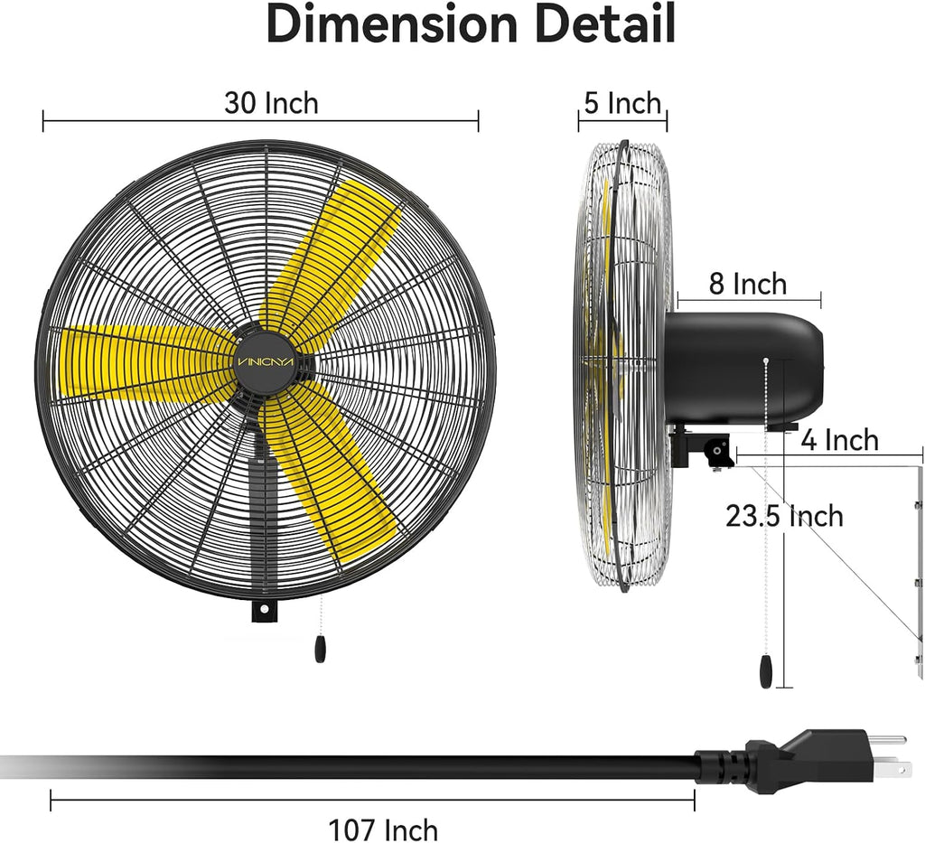 VINICAYA 30 Inch Industrial Wall Mount Fan Oscillating, 8900 CFM Commercial Metal Wall Fans with Poweful Motor, 3 Speed, Heavy Duty Construction Indoor for Warehouse, Workshops, and Garage, UL Listed