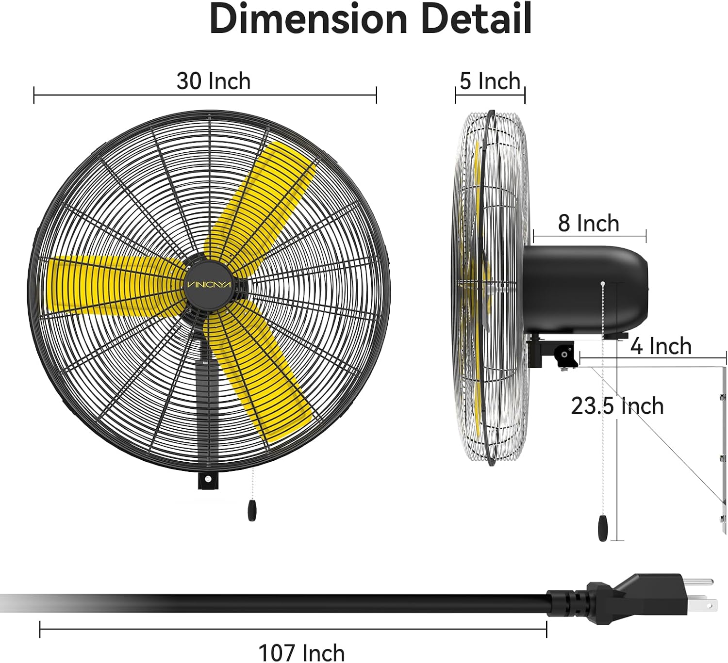 VINICAYA 30 Inch Industrial Wall Mount Fan Oscillating, 8900 CFM Commercial Metal Wall Fans with Poweful Motor, 3 Speed, Heavy Duty Construction Indoor for Warehouse, Workshops, and Garage, UL Listed