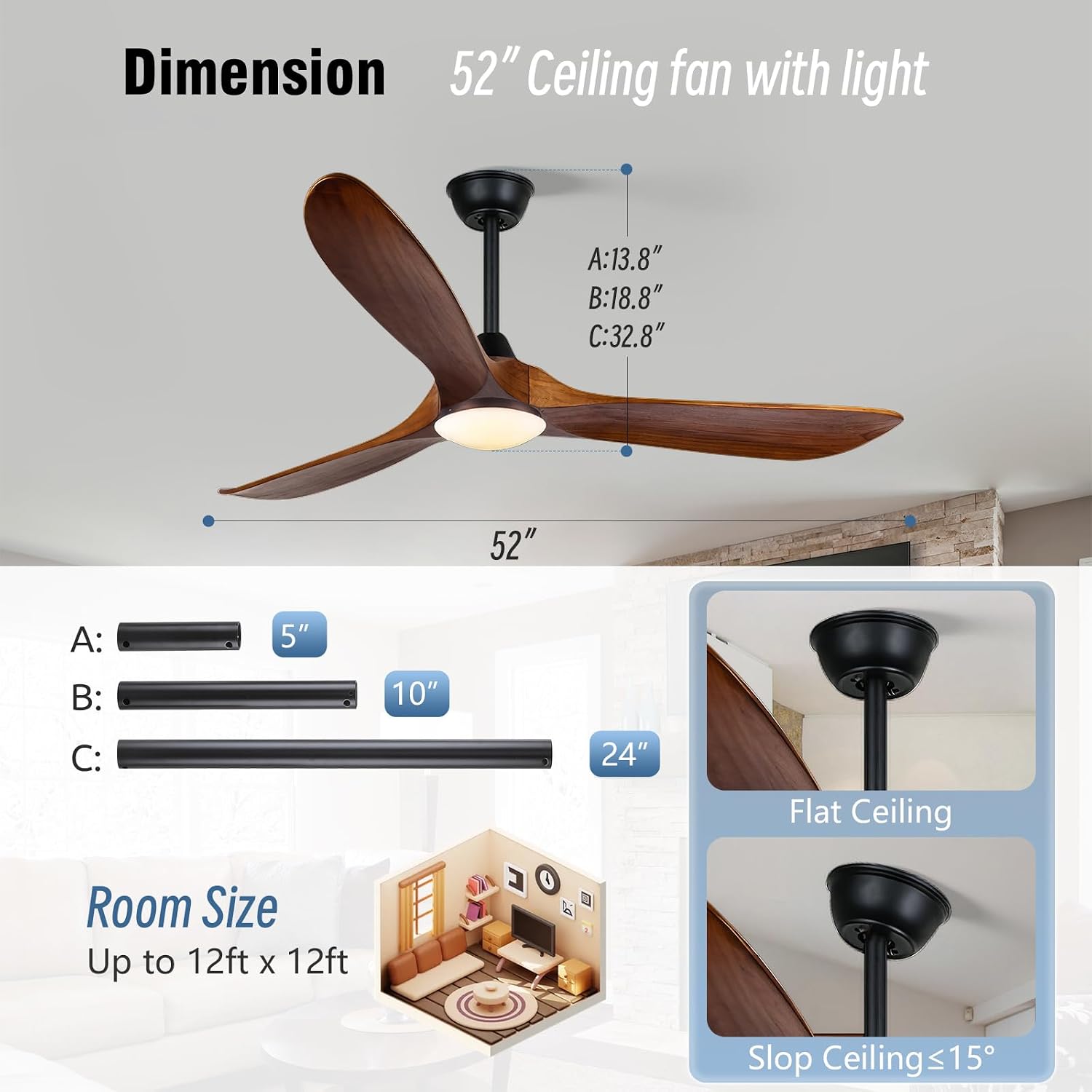 Ceiling Fan with Lights, 52 inch Solid Wood Indoor/Outdoor Ceiling Fans for Patios,Damp Rated Propeller Ceiling Fan for Porch,Farmhouse,Reversible Quiet DC Motor ETL Listed, Memory Function
