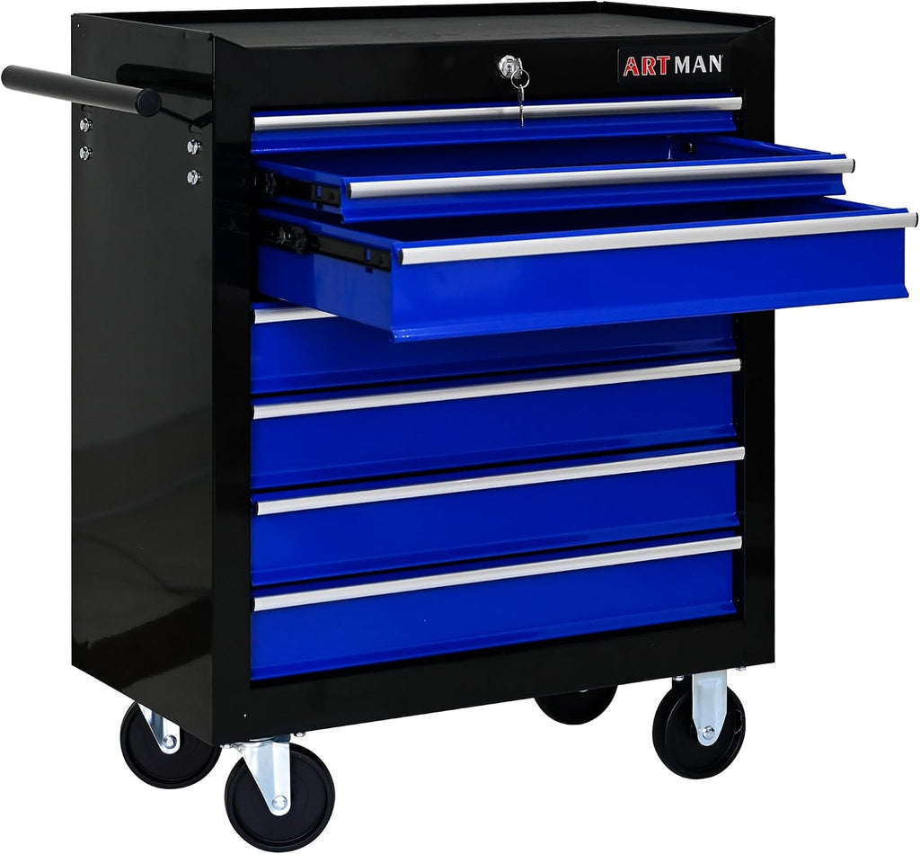 Rolling Tool Chest, 7-Drawer Tool Cabinet with Wheels, Heavy-Duty Steel Tool Storage Cabinet, Lockable Tool Box on Wheels for Garage & Workshop, Black&Blue