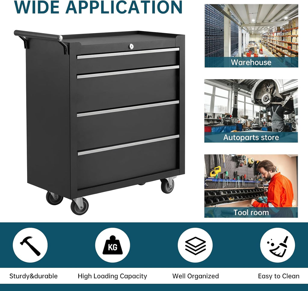 24' Rolling Tool Chest, 4-Drawer Tool Box, Wheels Lockable Tool Cabinet Organizer, Portable Tool Cabinet Organizer with Locking System & Drawer Liners, Tool Storage Cart for Garage, Workshop