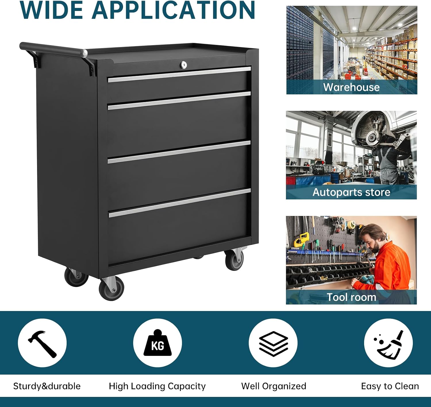 24' Rolling Tool Chest, 4-Drawer Tool Box, Wheels Lockable Tool Cabinet Organizer, Portable Tool Cabinet Organizer with Locking System & Drawer Liners, Tool Storage Cart for Garage, Workshop