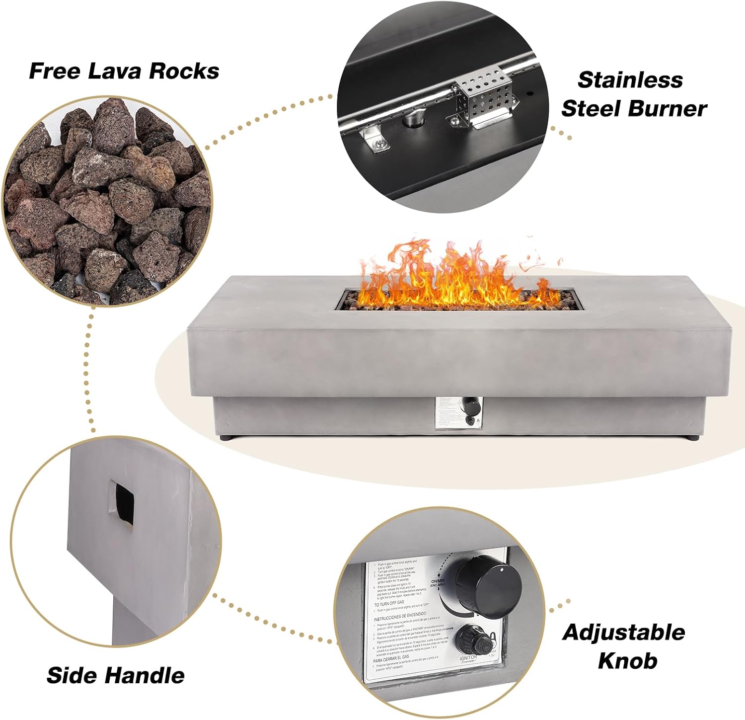 60-inch Fire Pit Table w/Tank Cover, 2-Piece Outdoor Propane/Natural Gas Firepit for Outside Patio, Included SUS201 Rectangle Burner, Auto-Ignition, Metal Lid, Rain Cover（50,000 BTU, Grey）