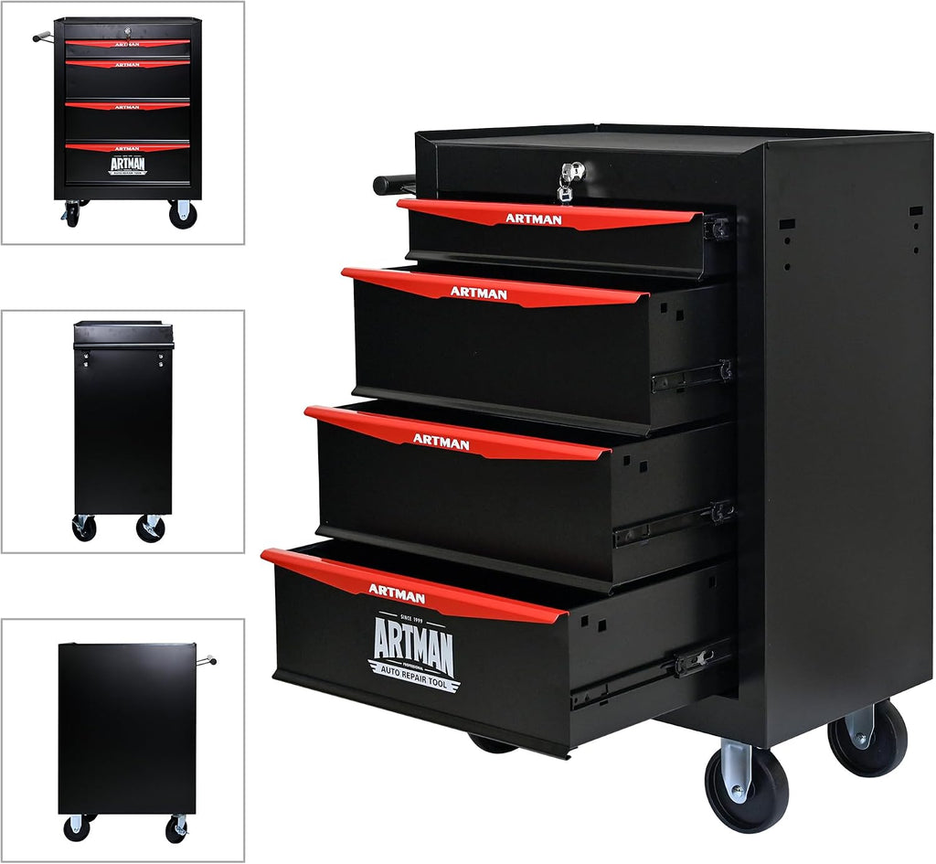 4 Drawers Tool Cart on Wheels, Multifunctional Rolling Tool Chest, Drawers Mobile Trolley Organizer Heavy Duty Tools Box with Locking Wheels & Ball Bearing Drawers (Black, 4 Drawers)