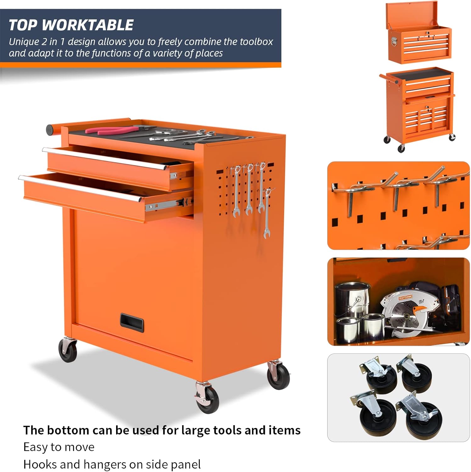 8-Drawer Rolling Tool Box, Lockable Rolling Tool Chest with Wheels and Drawers, 2 in 1 Large Capacity Storage Tool Cabinet for Warehouse, Garage, Tool Room and Repair Shop (Orange)