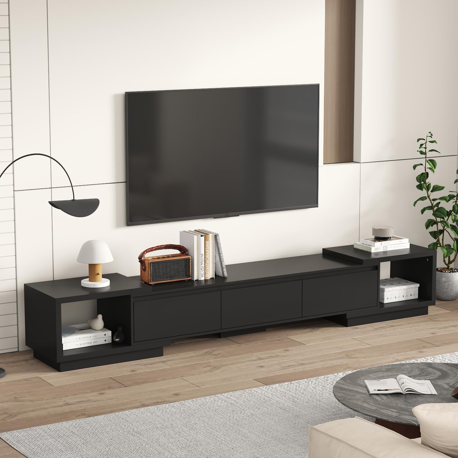 AIEGLE Deformable TV Console with 3 Drawers, Modern Extendable TV Stand in Stretch of 65'-106' Wide, Wood Media Gaming Entertainment Center, Black