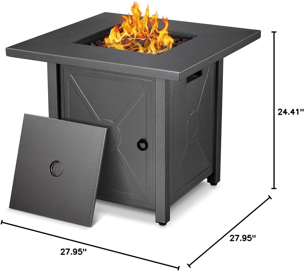 Xbeauty Propane Fire Pit Table, 28' Outdoor Gas Fire Pit Table, 40,000 BTU Auto-Ignition Fire Tables with Lid, Rain Cover and 3 Pounds Lava Stones for Outside Garden Backyard Deck Patio (Square)