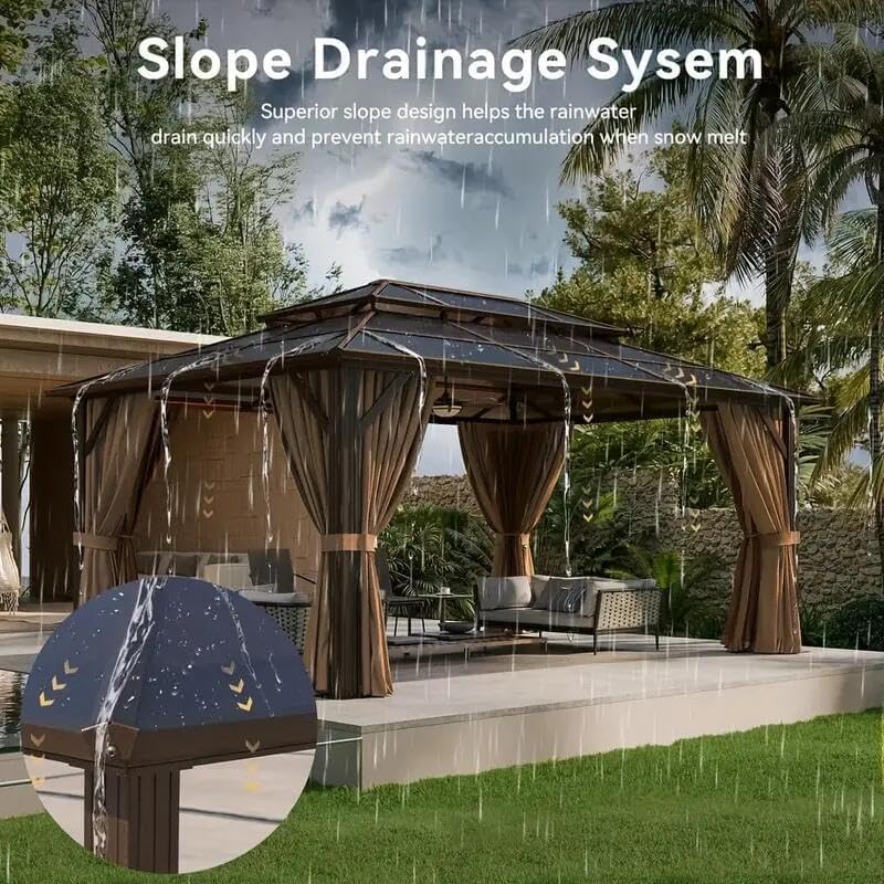 Hardtop Gazebo 12x16FT Hardtop Gazebo, Aluminum Frame Permanent Pavilion with Curtains and Netting, Outdoor Polycarbonate Gazebo, Double Roof Canopy, for Gardens, Patios, Lawns