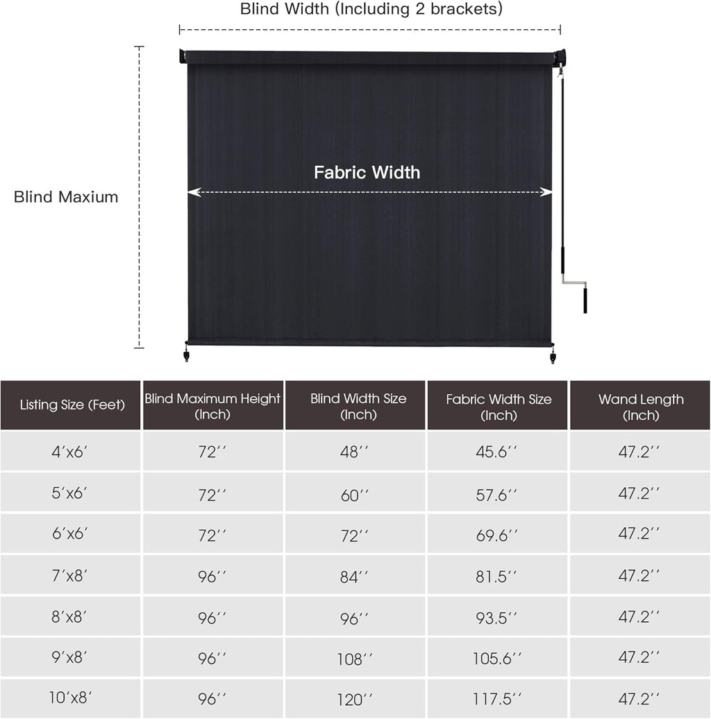 VICLLAX Outdoor Roller Shade Fabric for Porch Gazebo, Patio Cordless Blinds Roll Up Shade (9' W X 8' L), Graphite Black