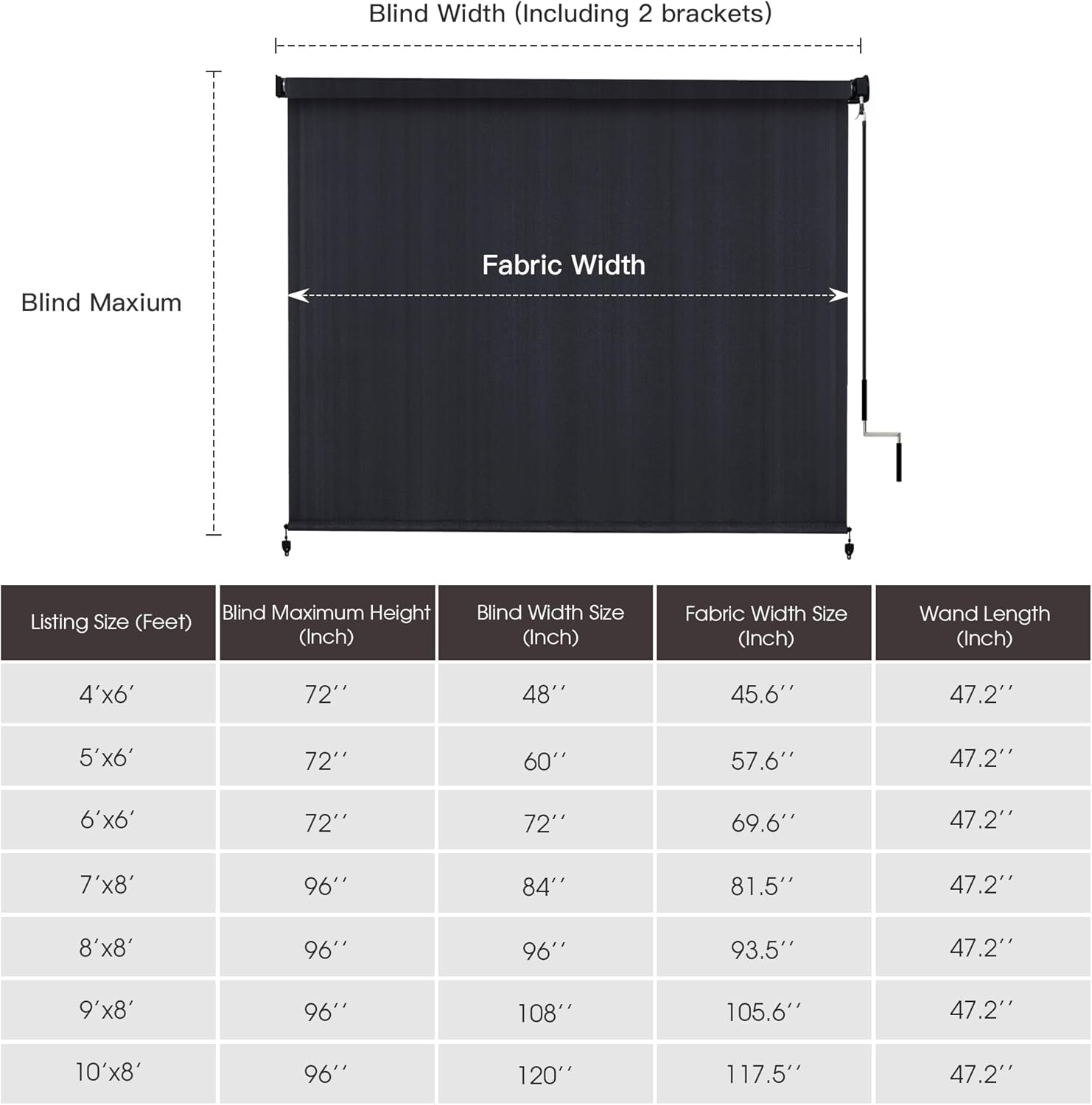 VICLLAX Outdoor Roller Shade Fabric for Porch Gazebo, Patio Cordless Blinds Roll Up Shade (9' W X 8' L), Graphite Black